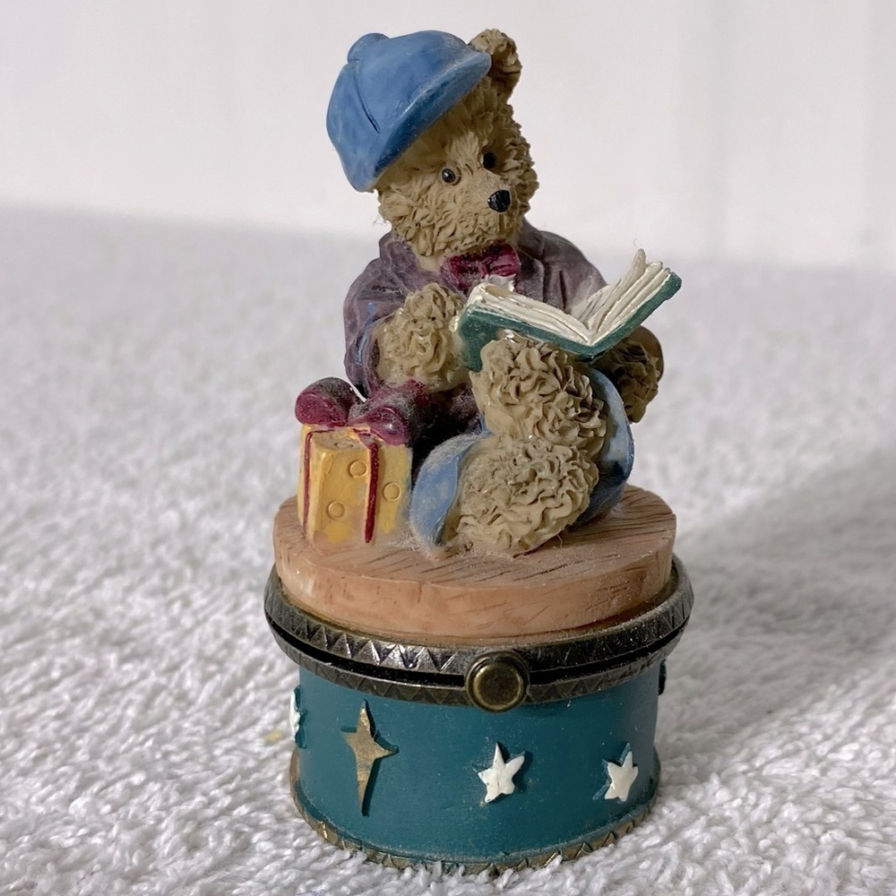 Vintage Charming Teddy Bear with Book Figurine Trinket Box Collectible